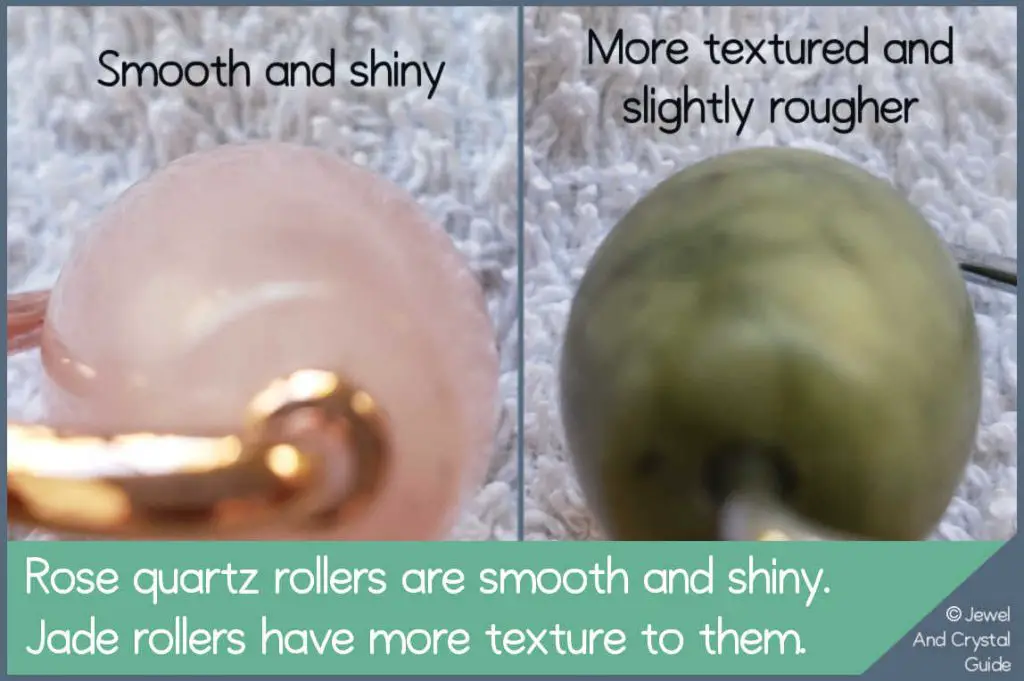 Extreme closeups of a rose quartz and jade roller