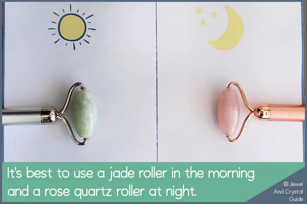 Photo of a jade roller under a sun drawing and a rose quartz roller under a moon drawing