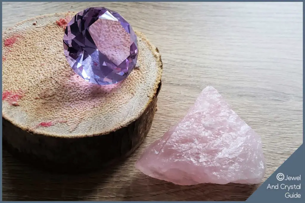 Photo of fake and real rose quartz next to each other