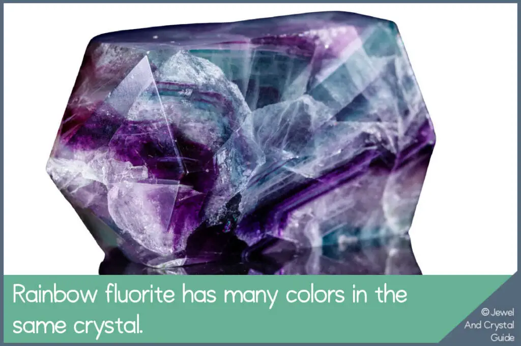 Photo of rainbow fluorite showing different colors in one crystal