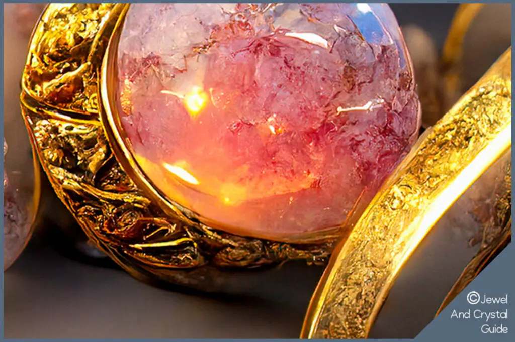 Closeup photo of pink amethyst set in a ring