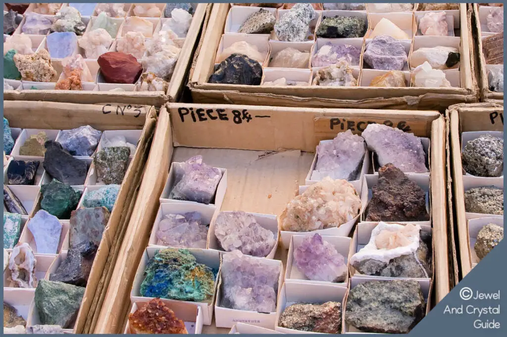 Photo of amethyst and other crystals on a table at a market