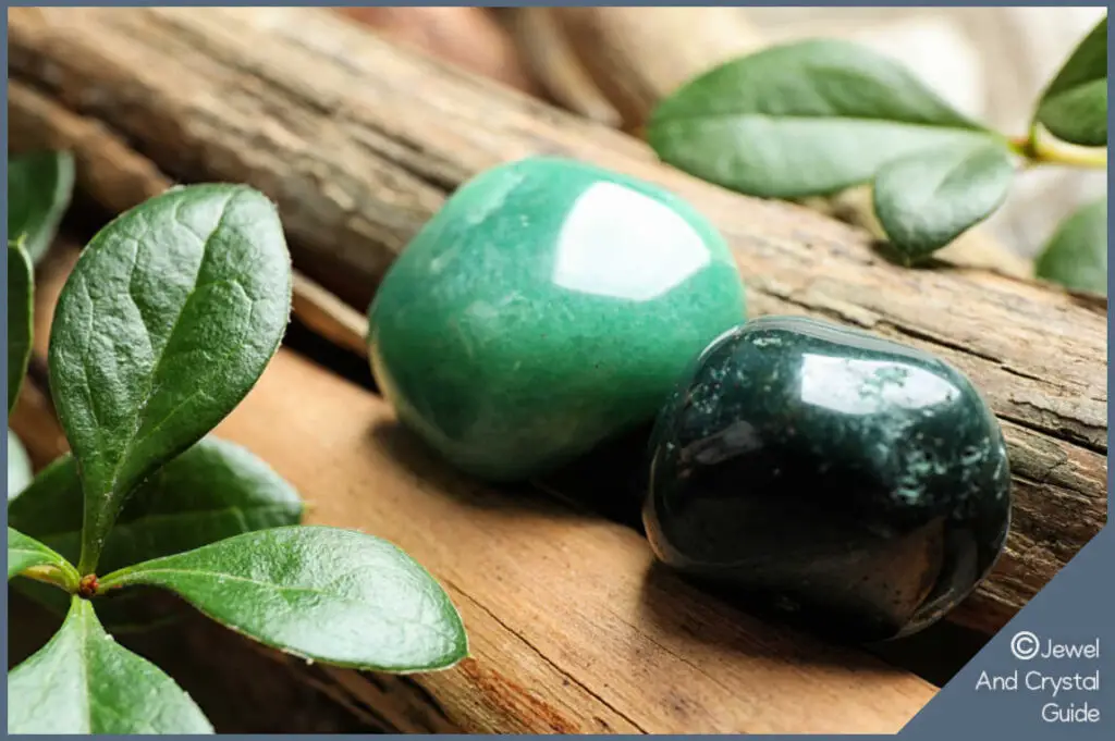 Aventurine on wood with leaves