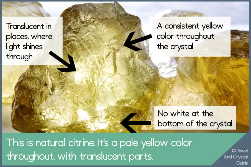 Photo of natural citrine with labels to show how to identify natural citrine on the market