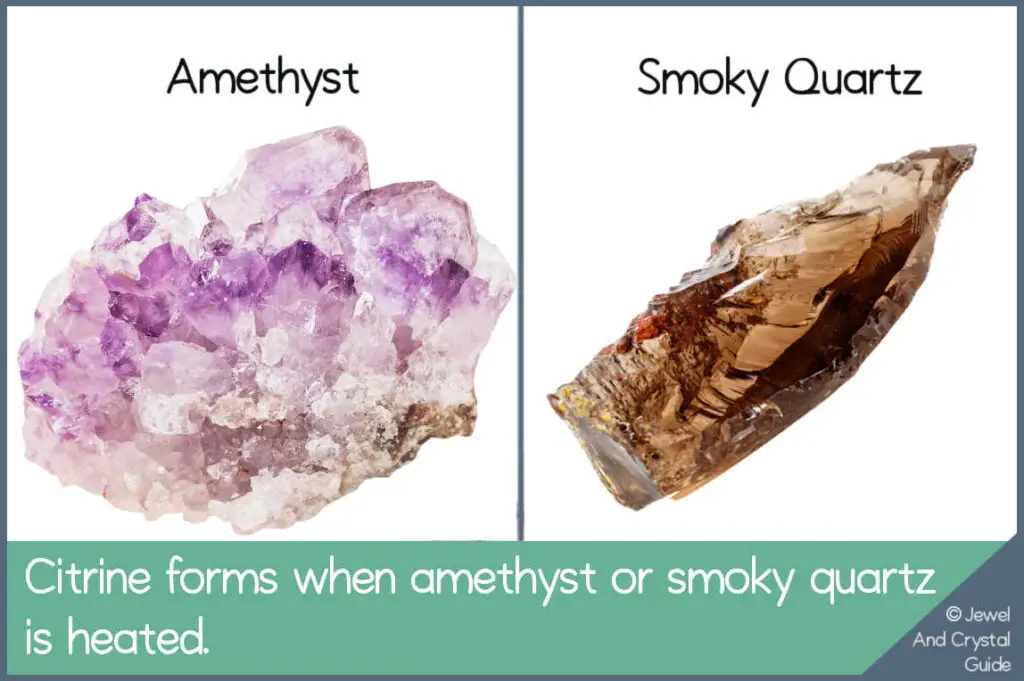 Closeup photos of amethyst and smoky quartz to show the crystals that form citrine