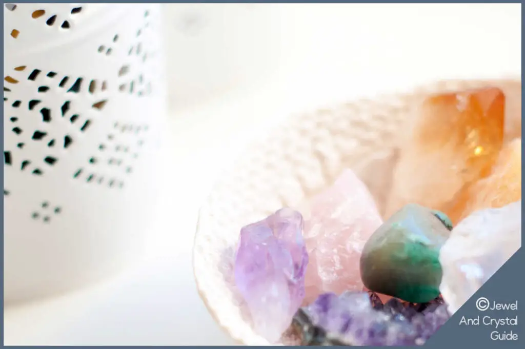 Citrine in a bowl with other healing crystals