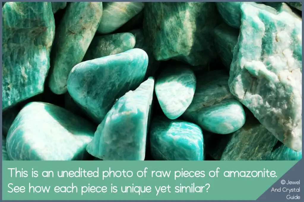 Photo of raw pieces of amazonite to show how each piece is unique