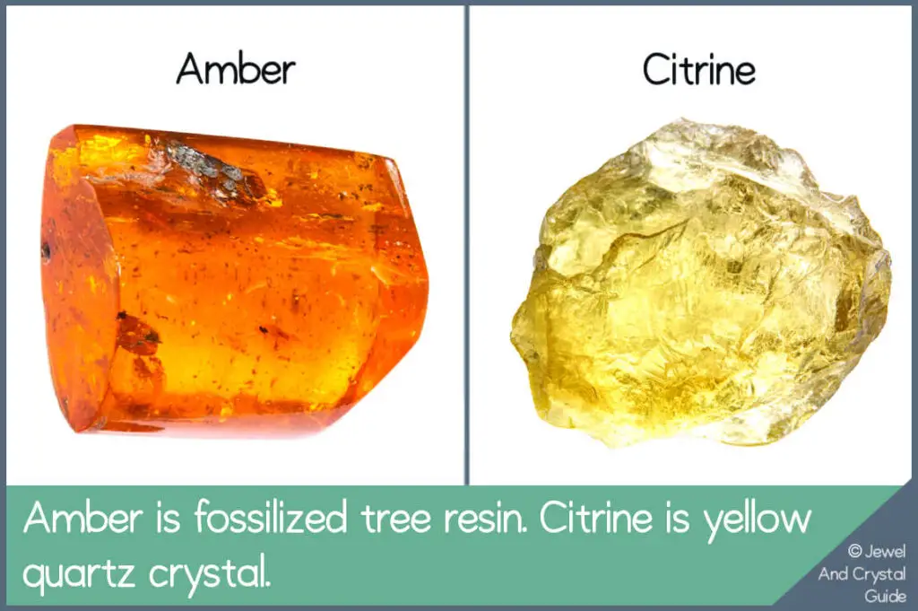 Photos of amber and citrine to show the differences between the two as a fossilized tree resin and a crystal